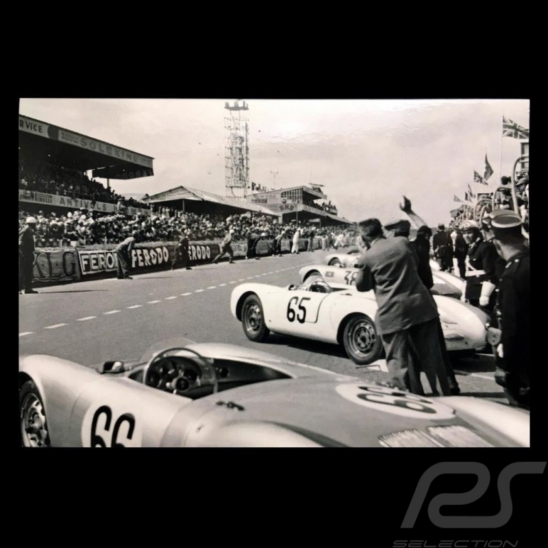 Postkarte Porsche 550 Spyder Start 24h Le Mans 1955 Schwarz-Weiß 10x15 cm