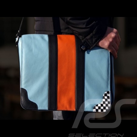 Sac Gulf bandoulière reporter messenger bag cuir leather Leder bleu blue blau / orange style course racing