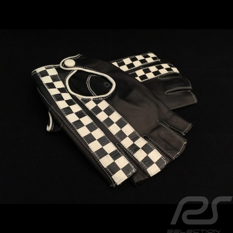 Driving Gloves fingerless mittens leather Racing black checkered flag