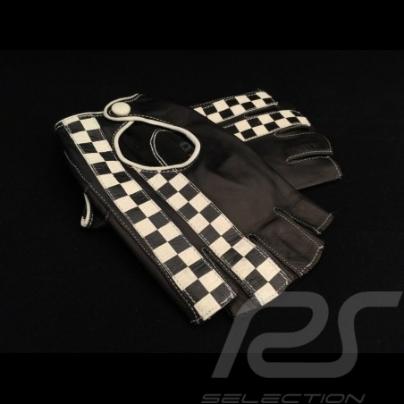 Gants de conduite sans doigts mitaines cuir Racing noir drapeau à damier Gloves Handschuhe