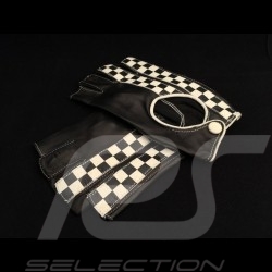 Driving Gloves fingerless mittens leather Racing black checkered flag
