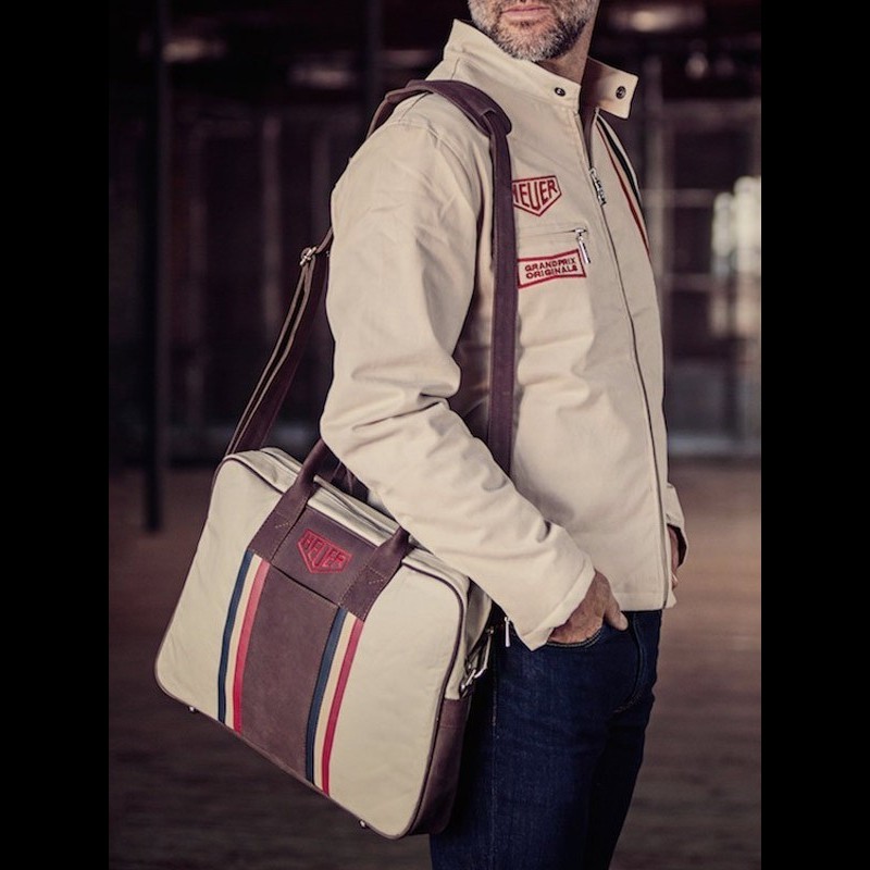 Vintage laptop / computer bag shoulder strap leather / cotton beige