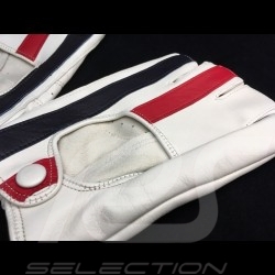 Driving Gloves fingerless mittens leather Racing cream red and blue stripes