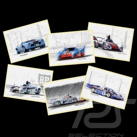 Lot de 7 cartes postales postcards Postkarte  Jacky Ickx 6 victoires aux 24h du Mans illustrations Benoît Deliège