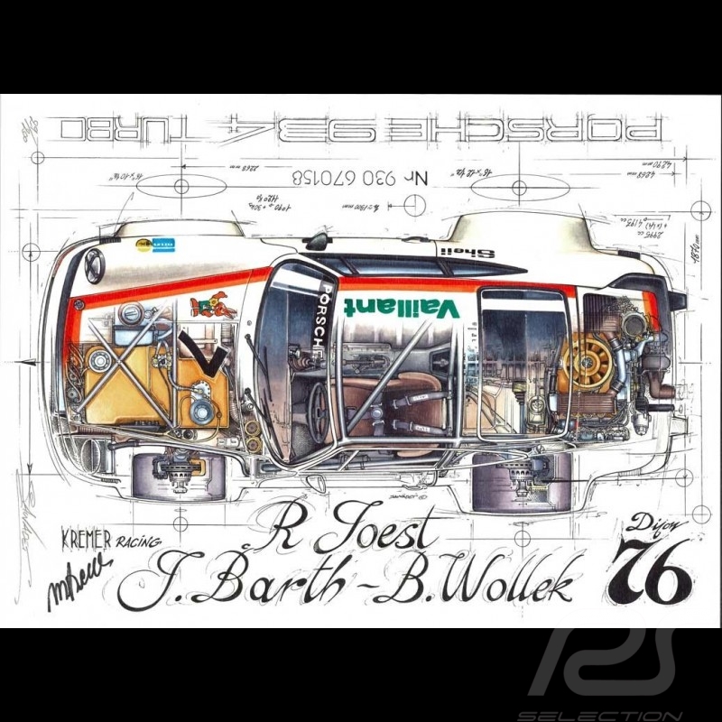 Porsche 934 Turbo Kremer Racing Signatur Dijon 1976 N° 7 Original Zeichnung von Sébastien Sauvadet