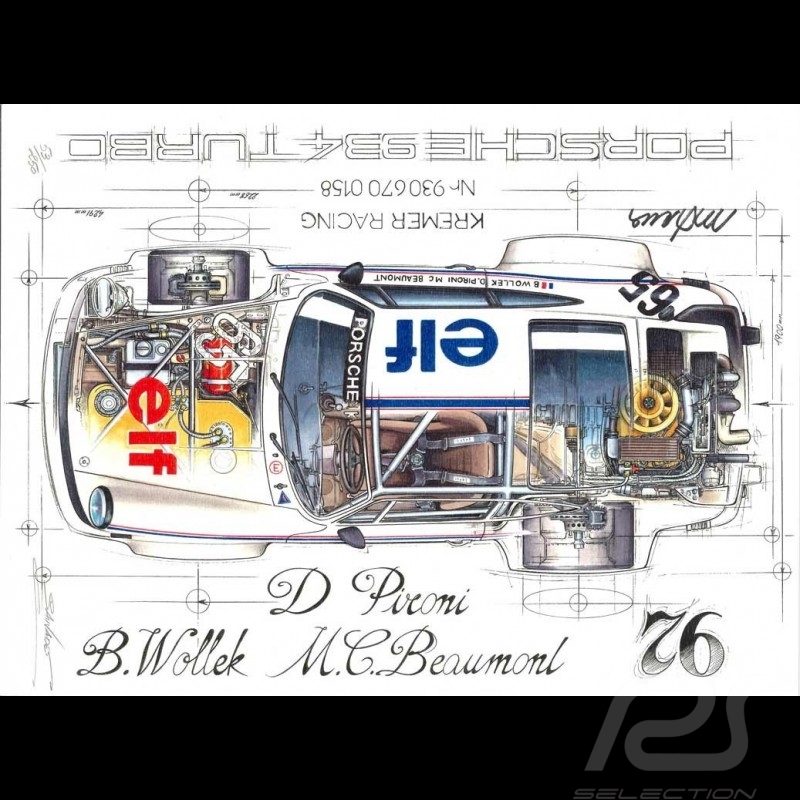 Porsche 934 Turbo Kremer Racing Signature Le Mans 1976 n° 65 original drawing by Sébastien Sauvadet