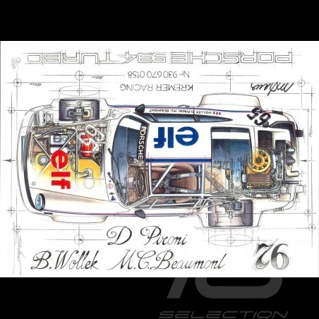 Porsche 934 Turbo Kremer Racing Signatur Le Mans 1976 n° 65 Original Zeichnung von Sébastien Sauvadet