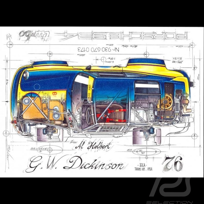 Porsche 934 Turbo G.W. Dickinson SCAA Trans-Am 1976 dessin original de Sébastien Sauvadet