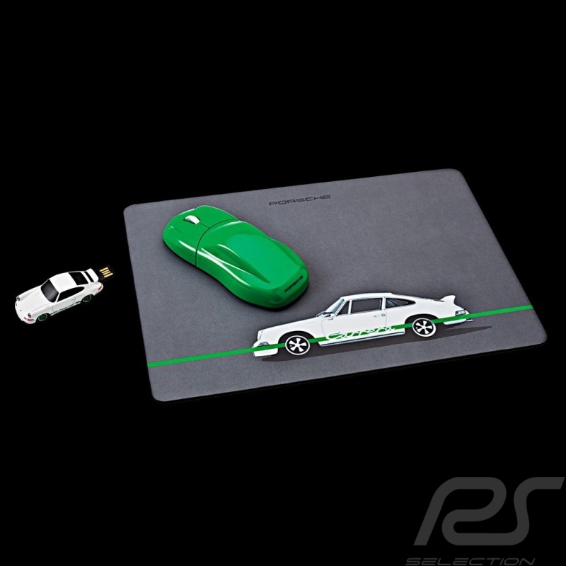 Set de bureau office set Büro Porsche 911 Carrera RS 2.7 souris sans fil tapis de souris clé USB vert blanc gris Porsche Design 
