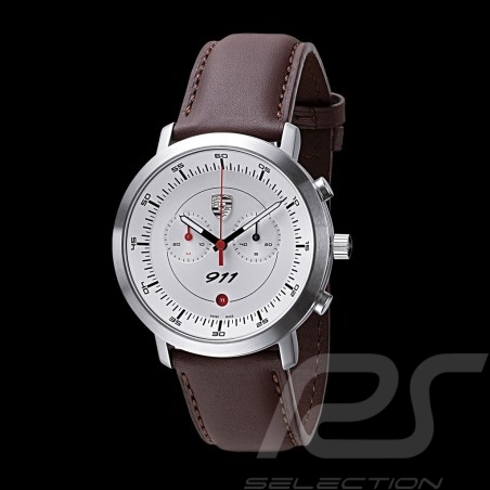Montre Watch Uhr Chrono Porsche 911 Classic blanche / bracelet brun Porsche Design WAP0700070F