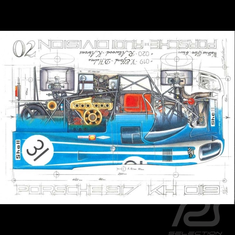 Porsche 917 K Martini Racing 1971 reproduction d'un dessin original de Sébastien Sauvadet