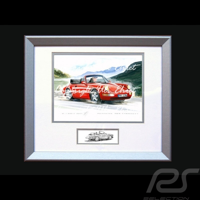 Porsche Poster 911 type 964 Turbo Cabrio rot mit Rahmen limitierte Auflage signiert von Uli Ehret - 598