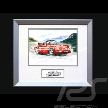 Affiche Porsche 911 type 964 Turbo Cabrio rouge avec cadre édition limitée signée Uli Ehret - 598 - Poster Plakat