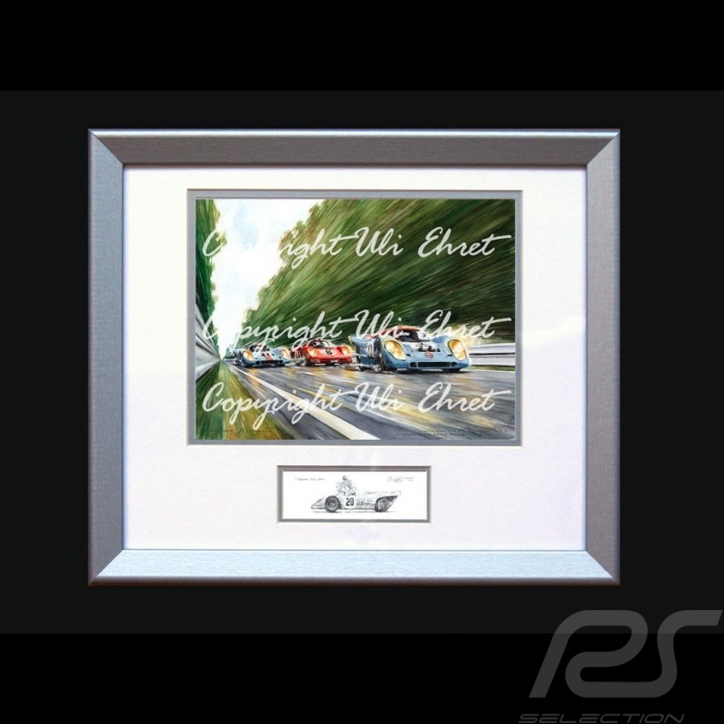 Affiche Porsche 917 K Gulf n° 21 et 22 en pleine vitesse avec cadre édition limitée signée Uli Ehret - 111 - Poster Plakat