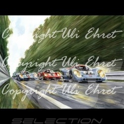 Porsche Poster 917 K Gulf n° 21 and 22 at full speed with frame limited edition signed by Uli Ehret - 111