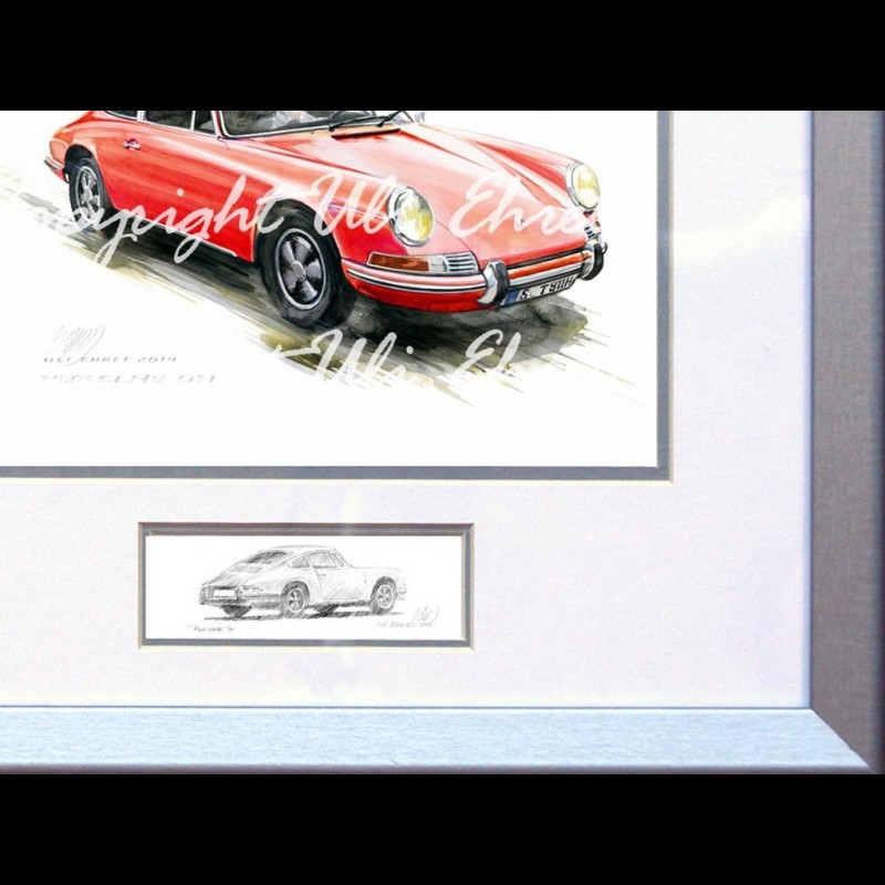 Porsche 911 Classic red wood frame aluminum with black and white sketch ...