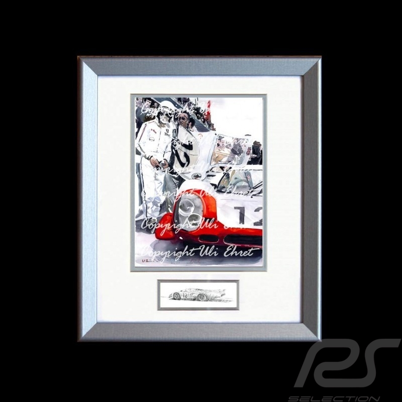 Porsche 917 LH n° 12 1969 weiß und rot mit Fahrer Aluminium Rahmen mit Schwarz-Weiß Skizze Limitierte Auflage Uli Ehret - 27