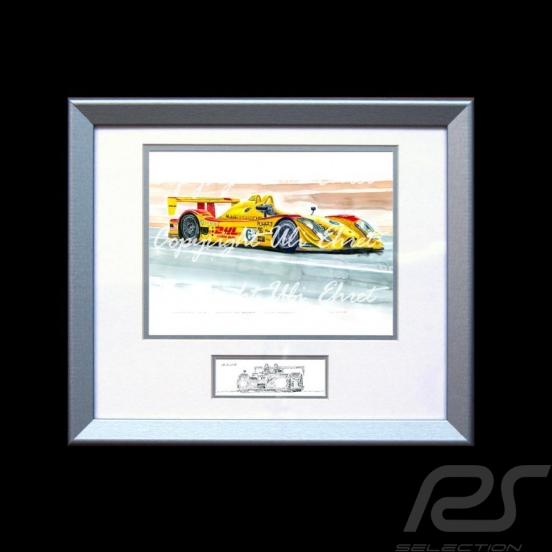 Porsche RS Spyder n° 6 yellow DHL wood frame aluminum with black and white sketch Limited edition Uli Ehret - 27