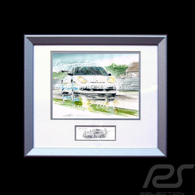 Porsche 911 type 996 GTR white blue stripes wood frame aluminum with black and white sketch Limited edition Uli Ehret - 82