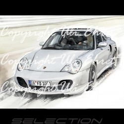 Porsche 911 type 996 Turbo weiß Aluminium Rahmen mit Schwarz-Weiß Skizze Limitierte Auflage Uli Ehret - 104B