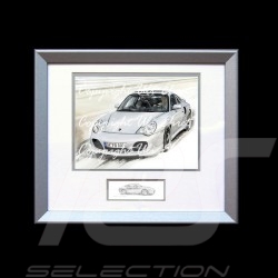 Porsche 911 type 996 Turbo white wood frame aluminum with black and white sketch Limited edition Uli Ehret - 104B