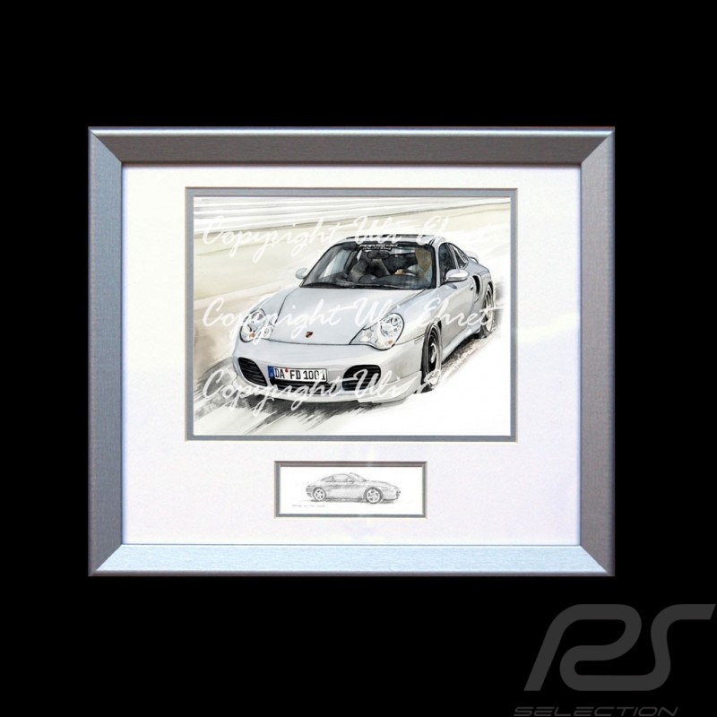 Porsche 911 type 996 Turbo white wood frame aluminum with black and white sketch Limited edition Uli Ehret - 104B