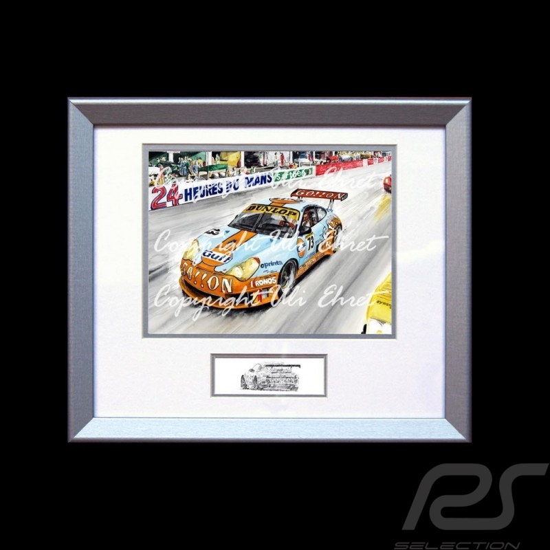 Porsche 911 type 996 GT3 RSR n° 73 Gulf 24h Aluminium Rahmen mit Schwarz-Weiß Skizze Limitierte Auflage Uli Ehret - 101