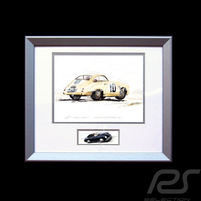 Porsche Poster 356 Panamericana n° 10 elfenbein Aluminium Rahmen mit Schwarz-Weiß Skizze Limitierte Auflage Uli Ehret - 426