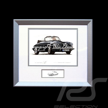 Porsche Poster 356 C Cabriolet schwarz Aluminium Rahmen mit Schwarz-Weiß Skizze Limitierte Auflage Uli Ehret - 135
