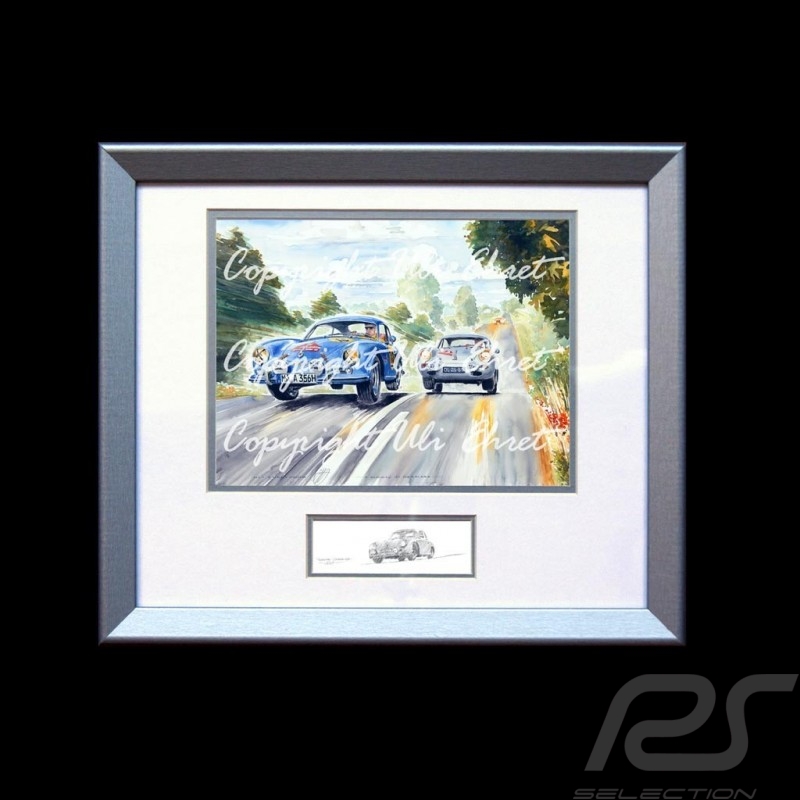 Porsche Poster 356 Duo Rennen Danemark Aluminium Rahmen mit Schwarz-Weiß Skizze Limitierte Auflage Uli Ehret - 187