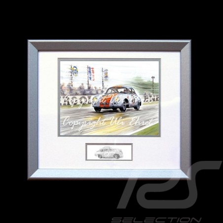 Porsche Poster 356 n° 21 blau orange Streifen Aluminium Rahmen mit Schwarz-Weiß Skizze Limitierte Auflage Uli Ehret - 262