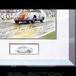 Porsche Poster 356 n° 21 blau orange Streifen Aluminium Rahmen mit Schwarz-Weiß Skizze Limitierte Auflage Uli Ehret - 262