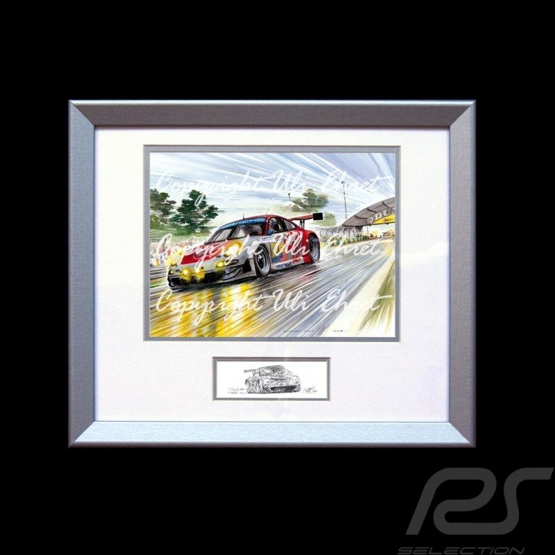 Porsche 356 n° 21 blue orange stripes wood frame aluminum with black and white sketch Limited edition Uli Ehret - 262