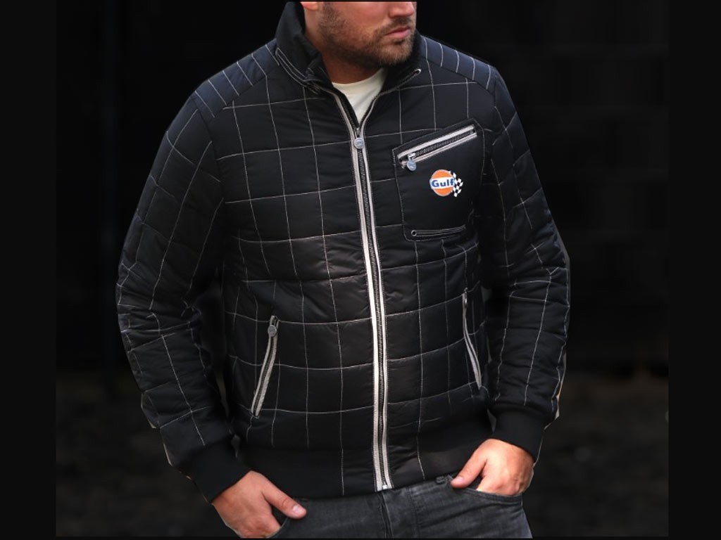 black jacket with white stitching