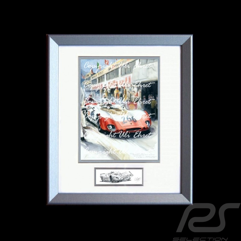 Porsche 908 /02 vainqueur Targa Florio 1969 n° 266 cadre bois alu avec esquisse noir et blanc Edition limitée Uli Ehret - 427