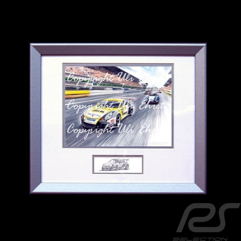 Porsche 911 GT3 Cup type 991 cadre bois alu avec esquisse noir et blanc Edition limitée Uli Ehret - 628