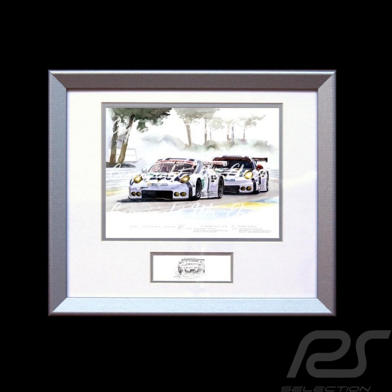 Duo Porsche 911 typ 991 RSR Le Mans Arnage Aluminium Rahmen mit Schwarz-Weiß Skizze Limitierte Auflage Uli Ehret - 556