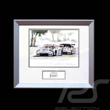 Duo Porsche 911 type 991 RSR Le Mans Arnage wood frame aluminum with black and white sketch Limited edition Uli Ehret - 556