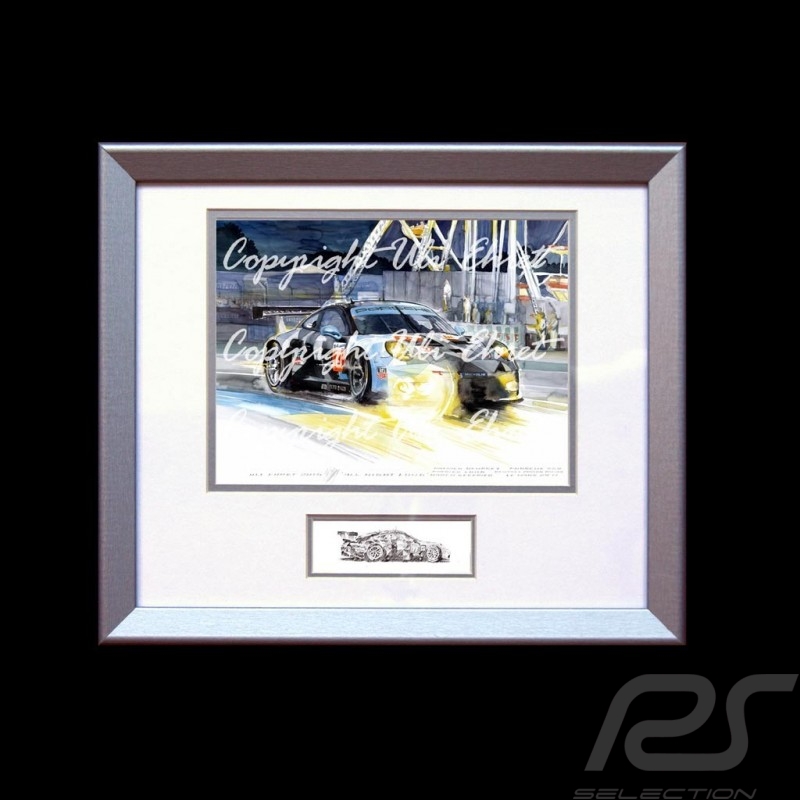 Porsche 911 type 991 RSR n° 77 night racing wood frame aluminum with black and white sketch Limited edition Uli Ehret - 444