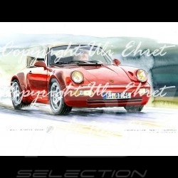Porsche Poster 911 type 964 Turbo Cabrio red wood frame aluminum with black and white sketch Limited edition Uli Ehret - 599