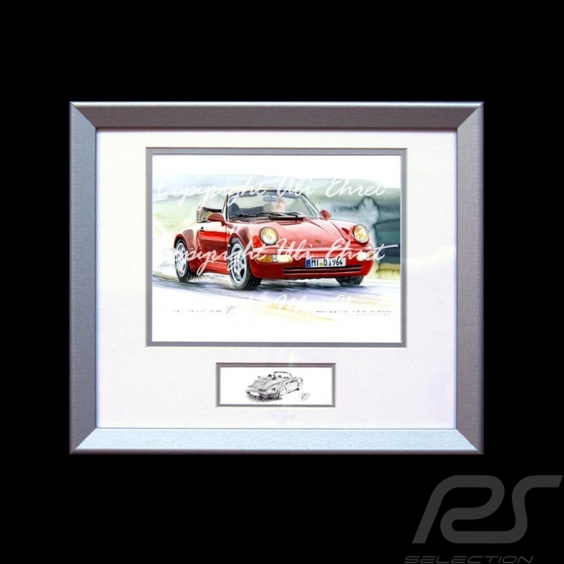 Porsche Poster 911 type 964 Turbo Cabrio red wood frame aluminum with black and white sketch Limited edition Uli Ehret - 599