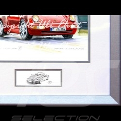 Porsche Poster 911 type 964 Turbo Cabrio red wood frame aluminum with black and white sketch Limited edition Uli Ehret - 599