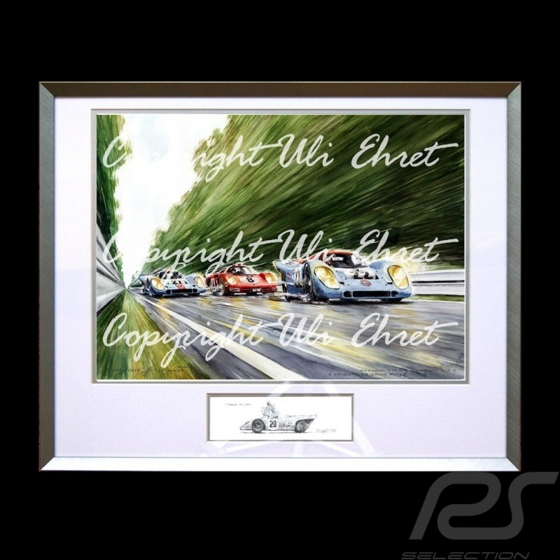 Porsche 917 K Gulf n° 21 et 22 en pleine vitesse cadre aluminium avec esquisse noir et blanc Edition limitée Uli Ehret - 111