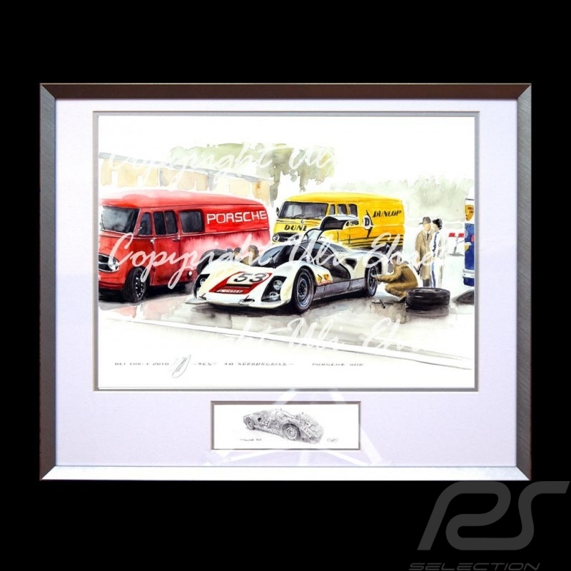Porsche 906 test Nürburgring Hans Herrmann große Aluminium Rahmen mit Schwarz-Weiß Skizze Limitierte Auflage Uli Ehret - 280