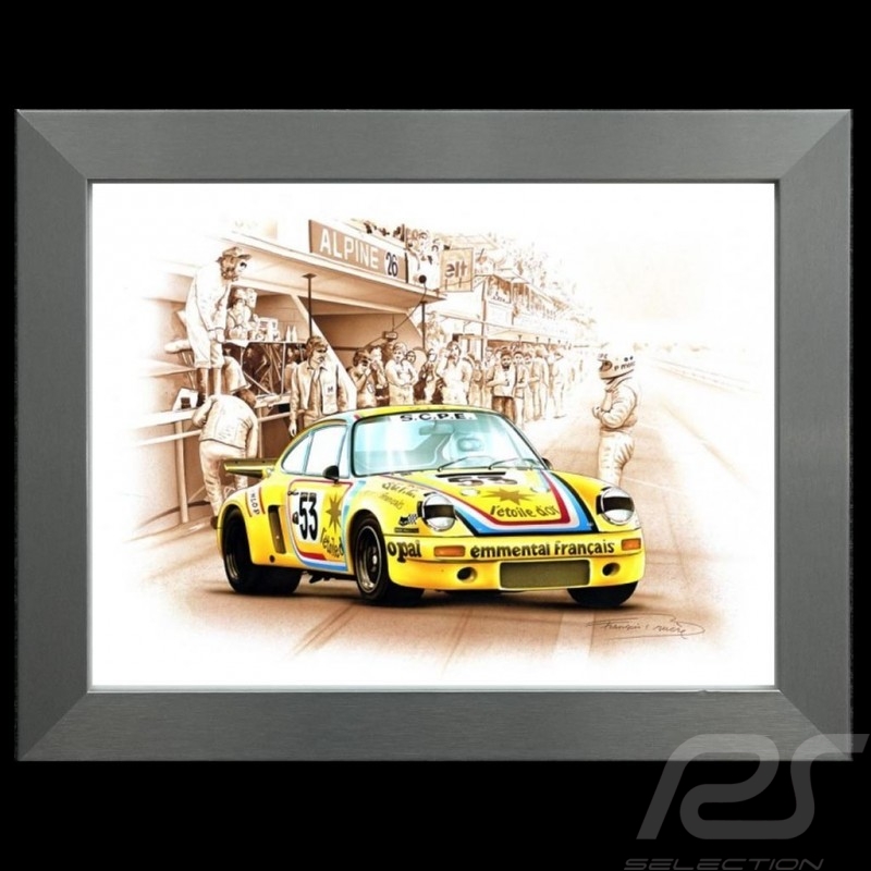 Porsche Poster 911 Carrera RSR Le Mans 1975 n° 53 Cachia Cadre aluminium François Bruère - N78 Porsche Poster 911 Carrera RSR Le Mans 1975 n° 53 Cachia Cadre aluminium François Bruère - N78