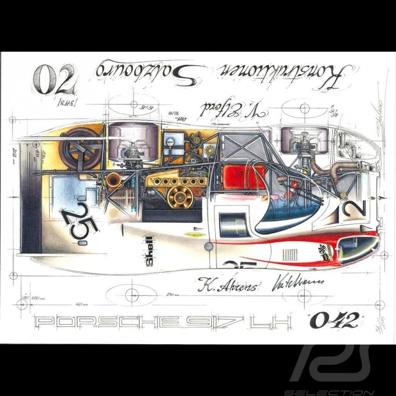 Porsche 917 LH 24h Le mans 1970 n° 25 signature Kurt Ahrens dessin original de Sébastien Sauvadet