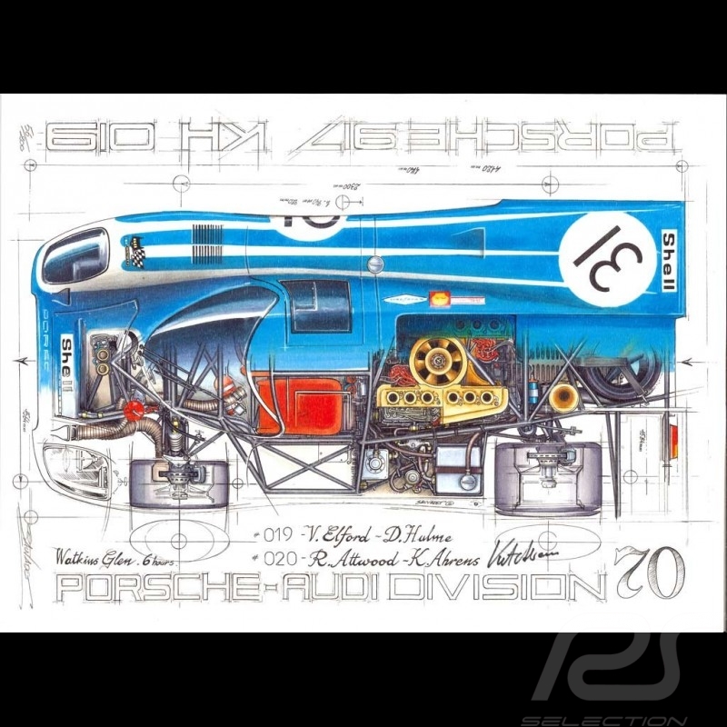 Porsche 917 KH 6h Watkins Glen 1970 n° 31 Kurt Ahrens signature dessin original de Sébastien Sauvadet