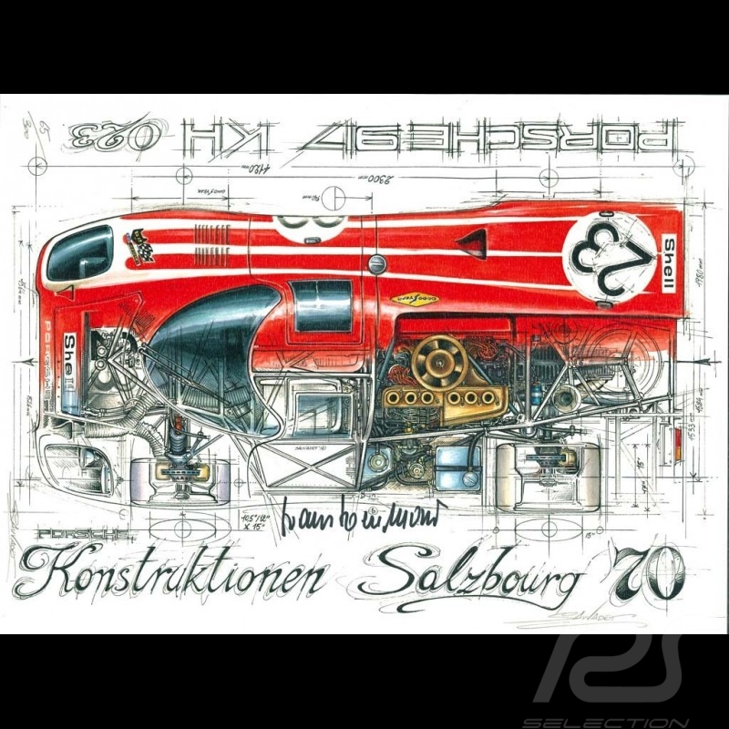 Porsche 917 Le Mans 1970 n° 23 Salzbourg Hans Herrmann signature dessin original de Sébastien Sauvadet