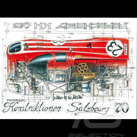 Porsche 917 Le Mans 1970 n° 23 Salzbourg Hans Herrmann signature Original Zeichnung von Sébastien Sauvadet