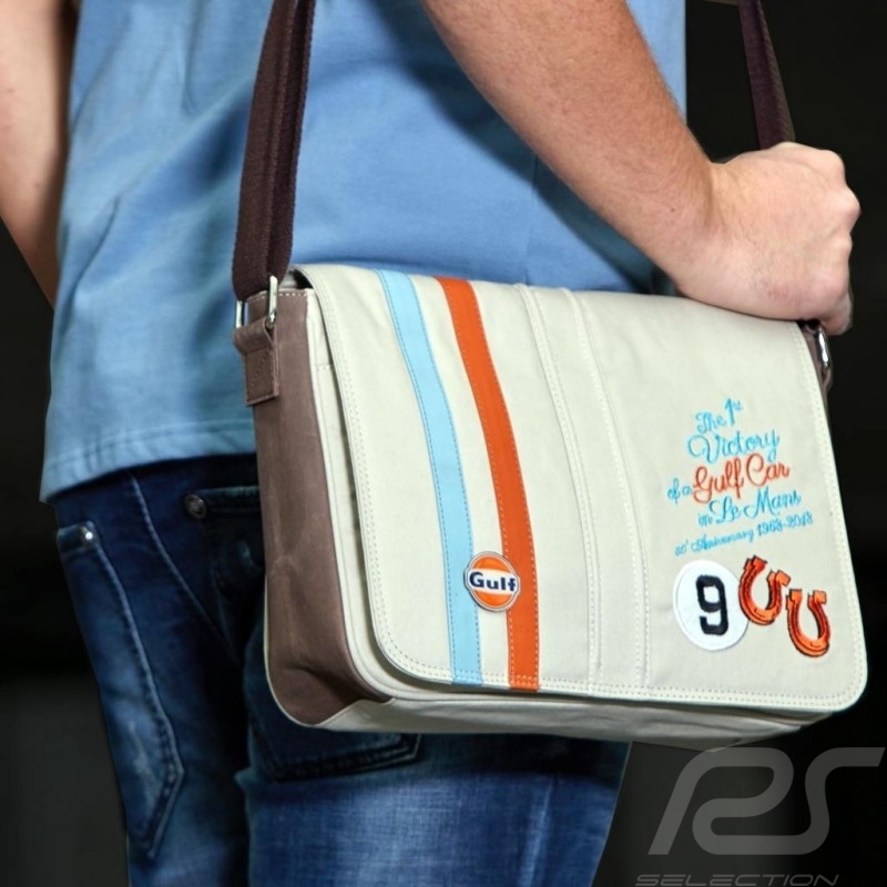 Sac Bag Tasche messenger Gulf victoire victory Sieg Le Mans 1968 bandoulière beige medium cuir / tissu